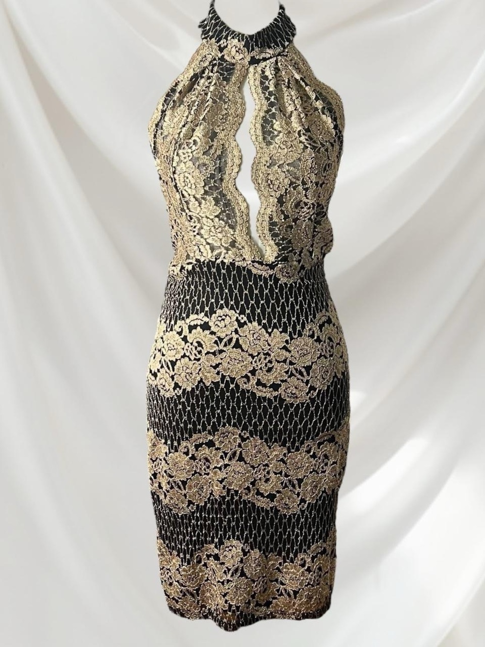 Gold and Black Lace Halter Bodycon Dress